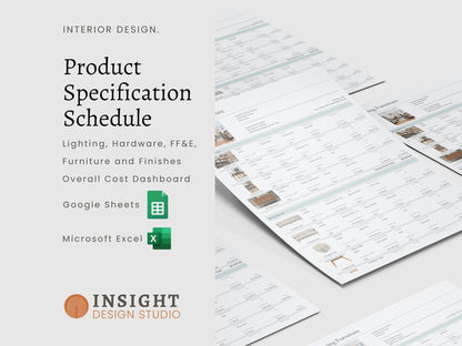 Interior Design Google Sheets Excel Product Specification Template, Finishes FF&E Furniture Schedule, E-Design Specification