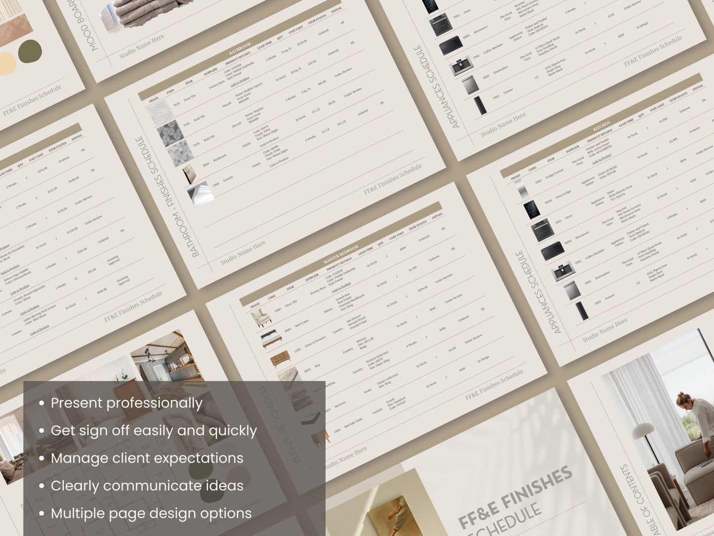 FFE Finishes Schedule and Design Presentation Template Bundle for Interior Designers - Canva Powerpoint Indesign - Linden